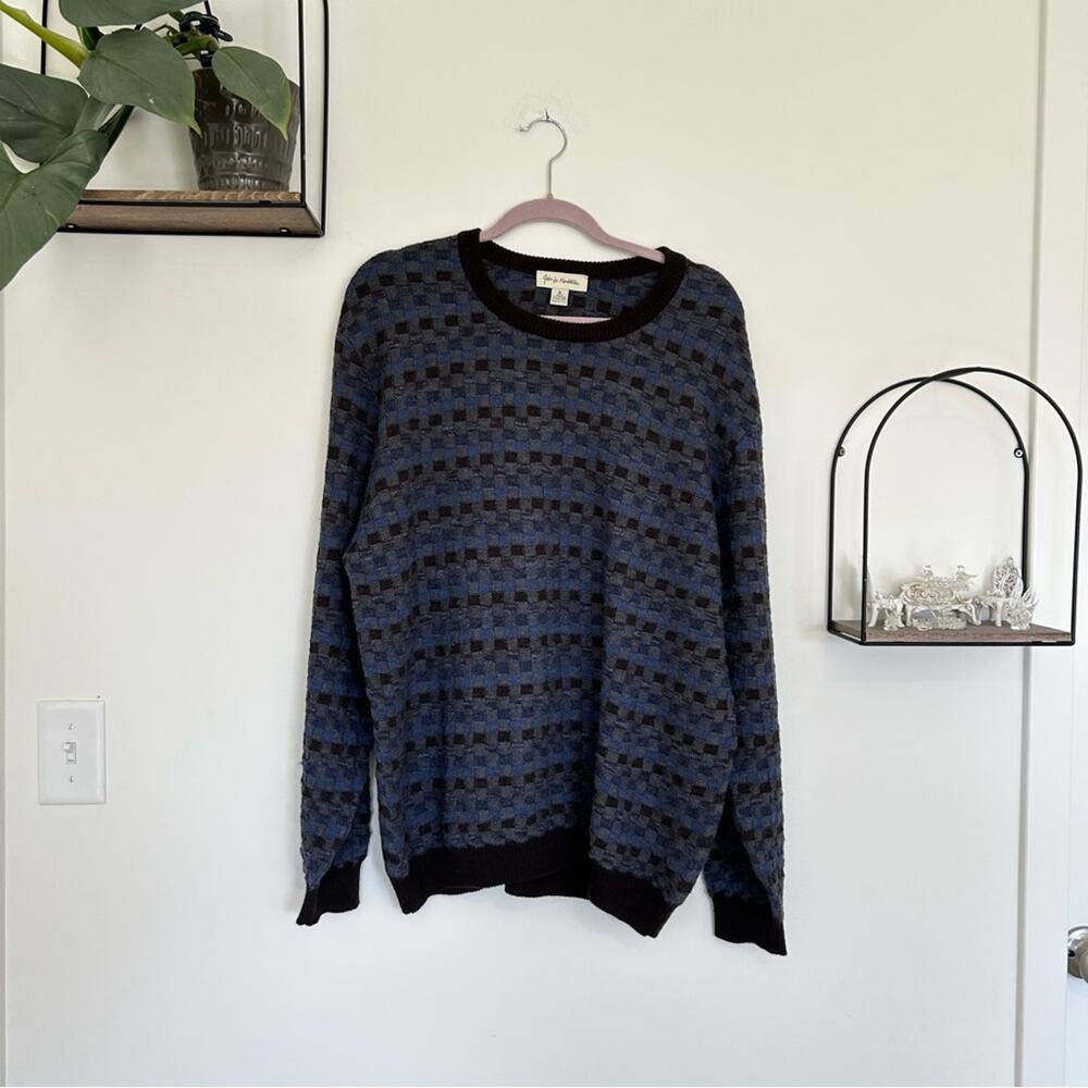 John W‎ Nordstrom 100% Merino Wool Checkered Crewneck Sweater Size XL